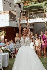 Elegant Long A-line Tulle Lace Wedding Dresses with Sleeves