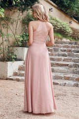 A-line Sleeveless Halter Long Lace Chiffon Bridesmaid Dresses