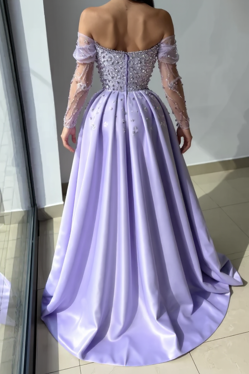 A-line Strapless Long Satin Formal Prom Dress with Sleeves