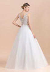 Long A-line Straps Tulle Appliques V-Neck Lace Boho Wedding Dress
