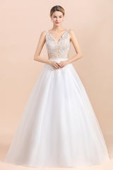 Long A-line Straps Tulle Appliques V-Neck Lace Boho Wedding Dress