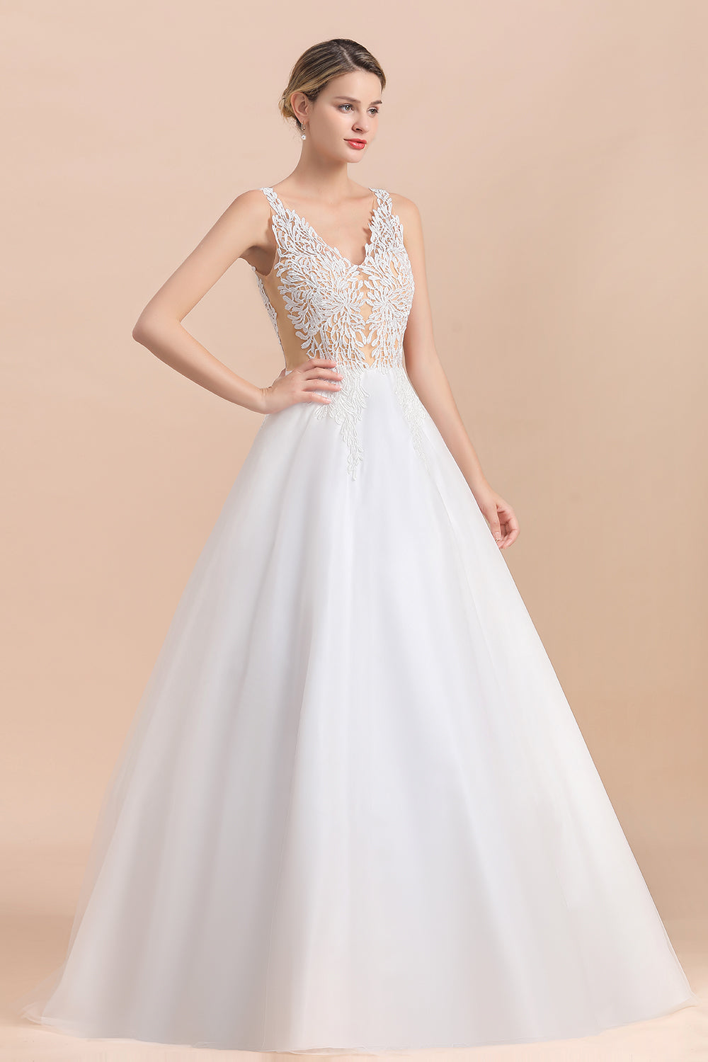 Long A-line Straps Tulle Appliques V-Neck Lace Boho Wedding Dress