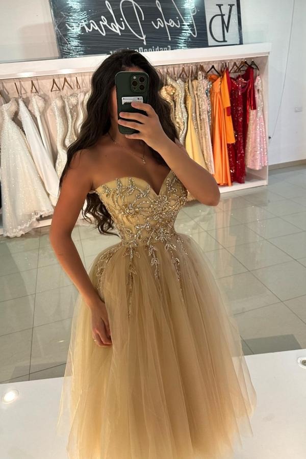 A-line Sweetheart Tulle Tea Length Formal Dress Sleeveless Beadings Wedding Guest Dress