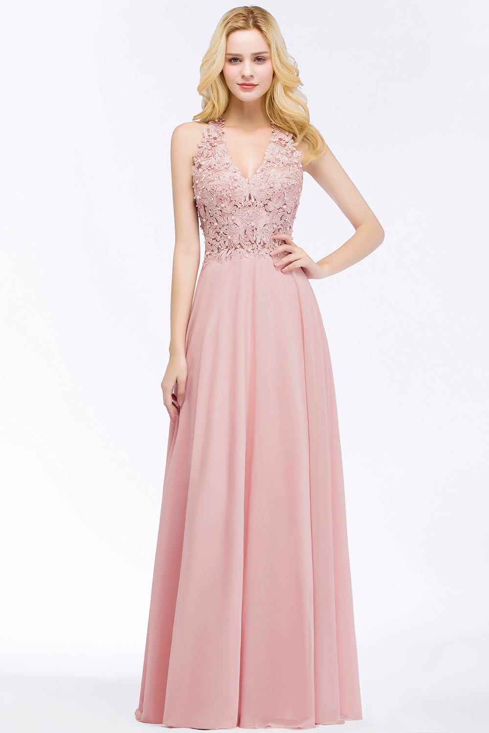 A-line V-neck Sleeveless Long Appliques Chiffon Bridesmaid Dresses