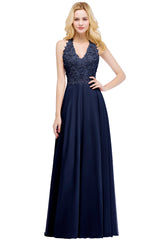 A-line V-neck Sleeveless Long Appliques Chiffon Bridesmaid Dresses