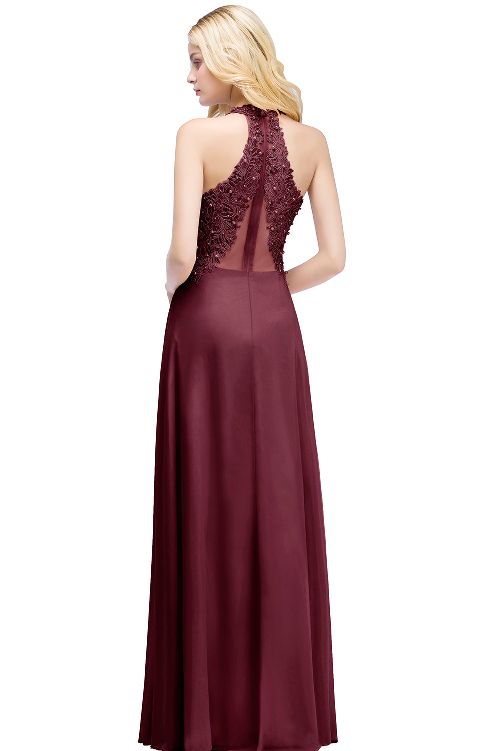 A-line V-neck Sleeveless Long Appliques Chiffon Bridesmaid Dresses