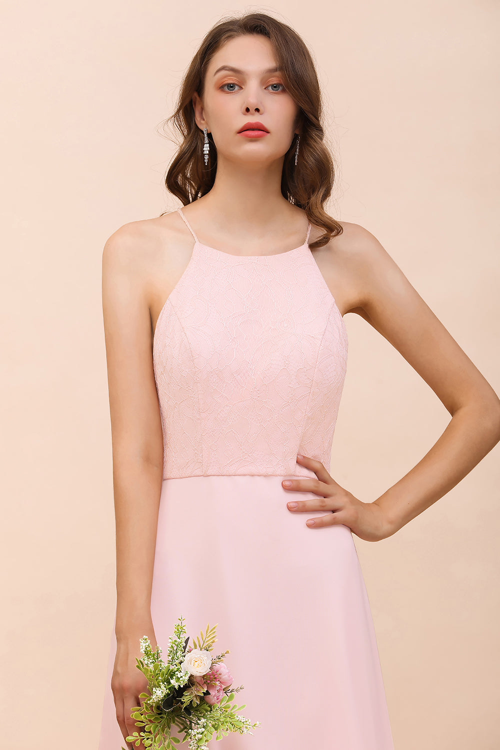Affordable Long Shealth Spaghetti Straps Chiffon Bridesmaid Dress with Lace