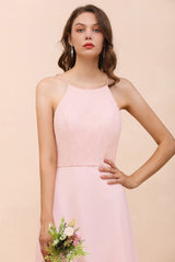 Affordable Long Shealth Spaghetti Straps Chiffon Bridesmaid Dress with Lace