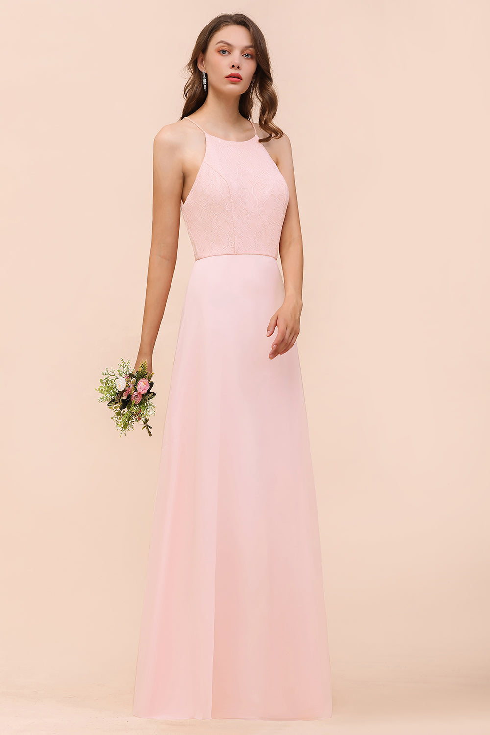 Affordable Long Shealth Spaghetti Straps Chiffon Bridesmaid Dress with Lace