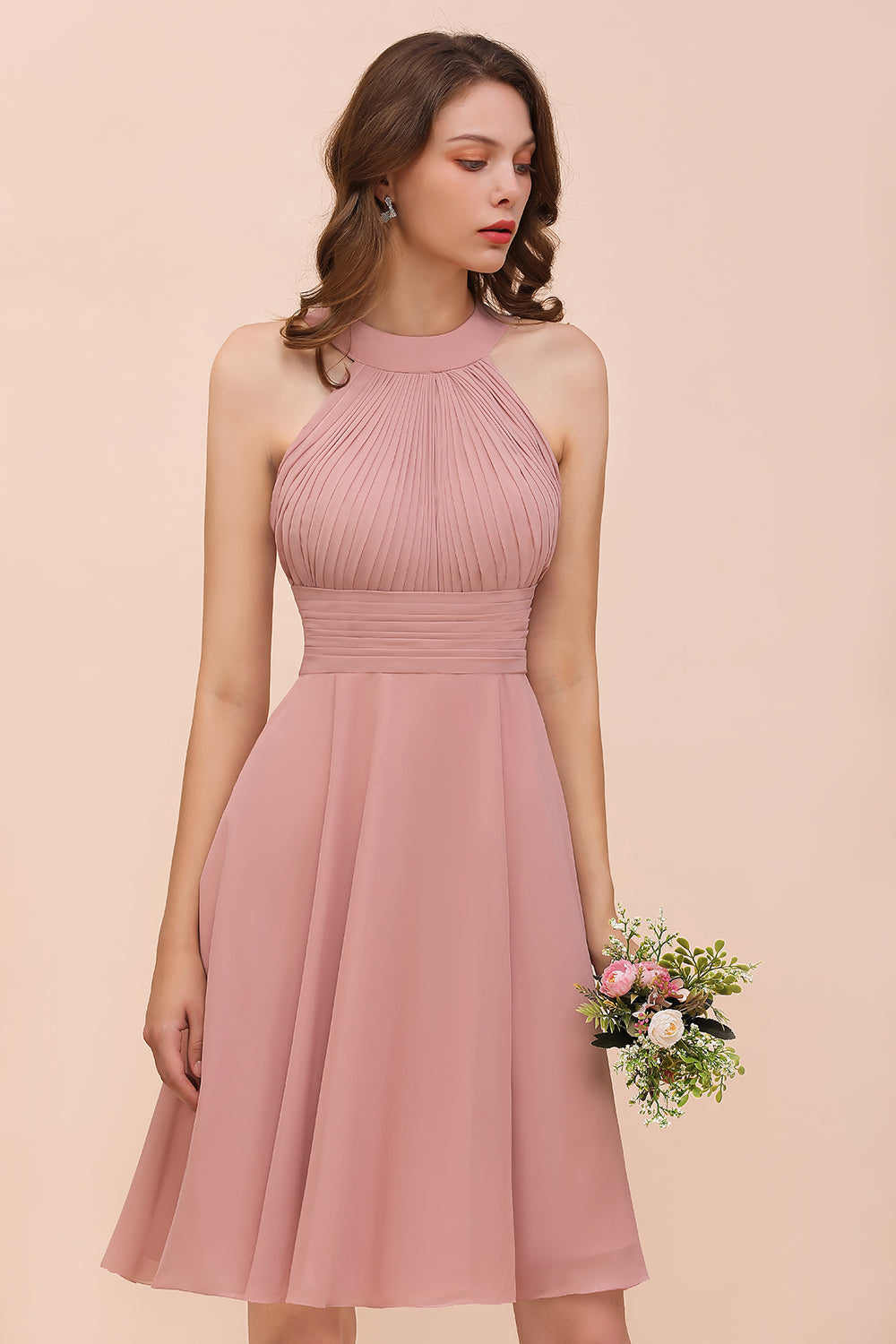 Affordable Short A-line Round Neck Ruffle Chiffon Bridesmaid Dress