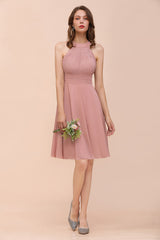 Affordable Short A-line Round Neck Ruffle Chiffon Bridesmaid Dress