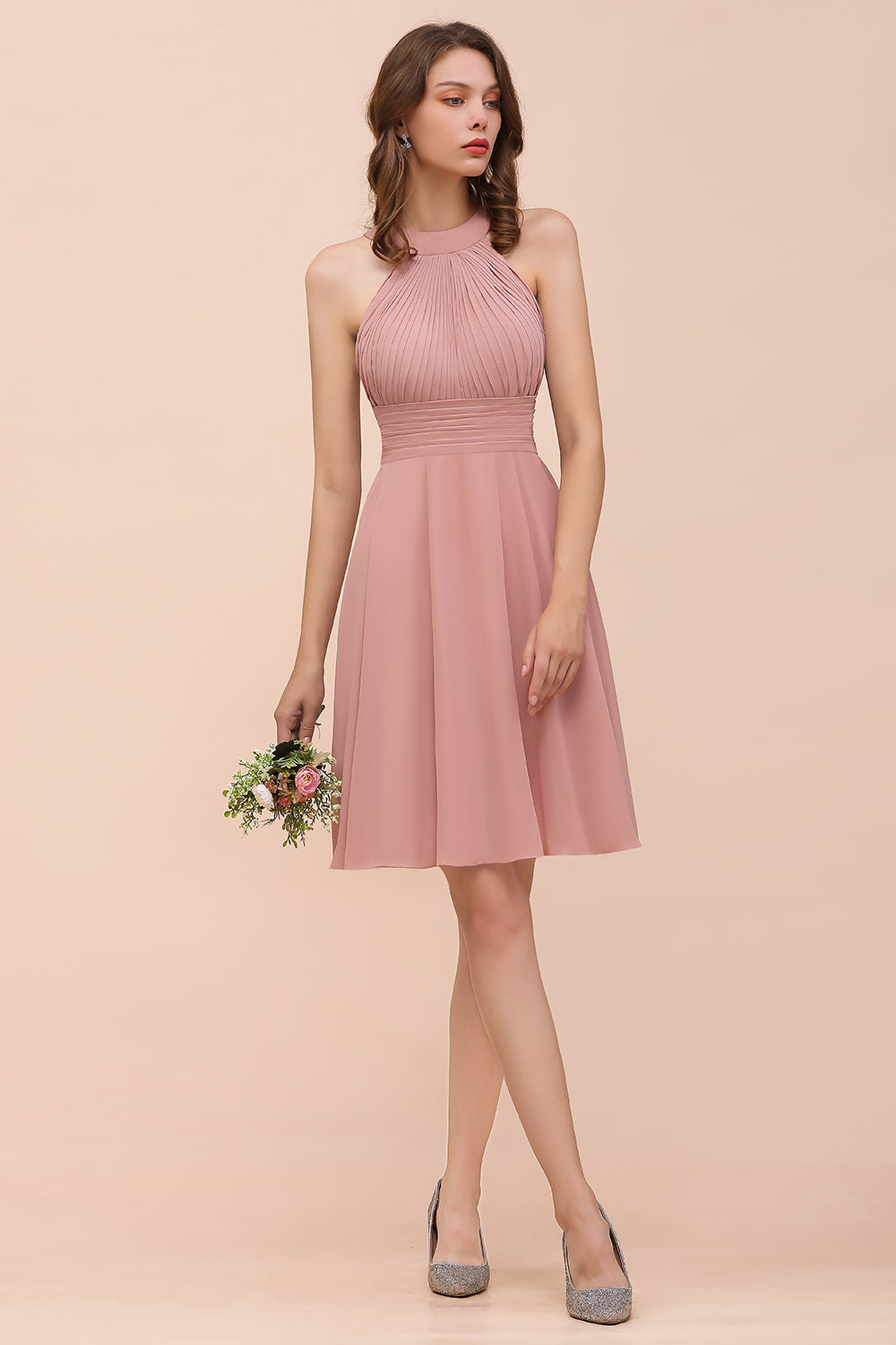 Affordable Short A-line Round Neck Ruffle Chiffon Bridesmaid Dress
