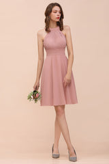 Affordable Short A-line Round Neck Ruffle Chiffon Bridesmaid Dress
