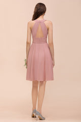 Affordable Short A-line Round Neck Ruffle Chiffon Bridesmaid Dress