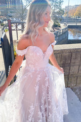 Long Off the Shoulder Sweetheart A-line Tulle Appliques Lace Train Wedding Dress