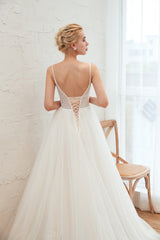 Elegant Long Spaghetti Strap Tulle Open Back A-line Wedding Dress