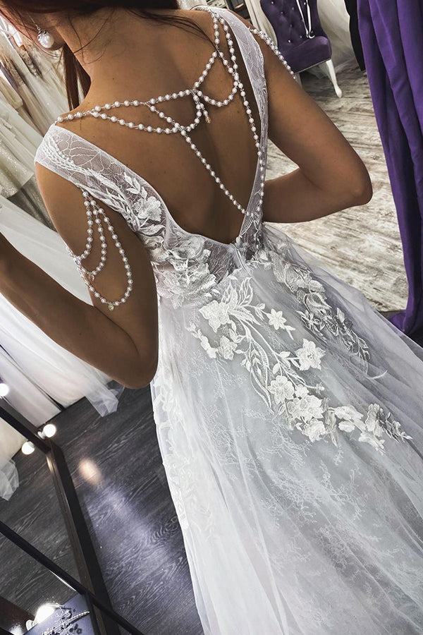 Long Straps V-neck Appliques Lace A-line Backless Wedding Dresses