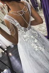 Long Straps V-neck Appliques Lace A-line Backless Wedding Dresses