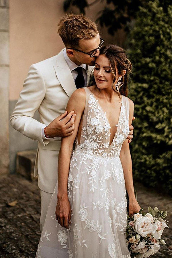 Long Straps V-neck Appliques Lace A-ine Boho Wedding Dresses