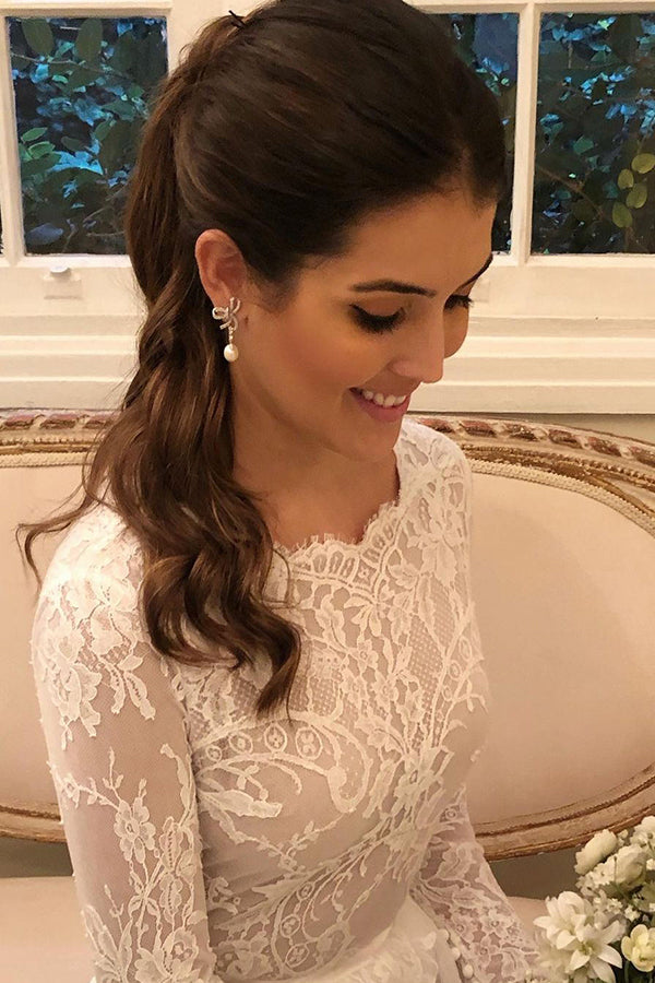 Elegant Long Scoop Lace A-line Wedding Dresses with Long Sleeves