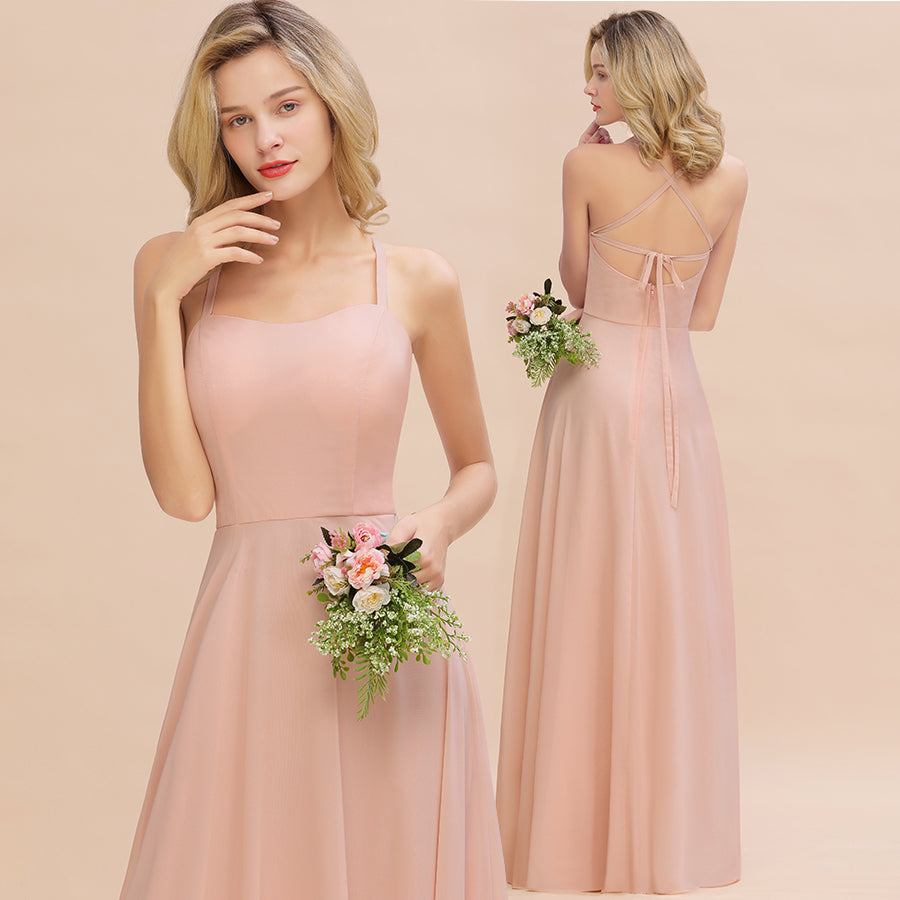 Modern Chiffon Straps Sleeveless Open Back Long Bridesmaid Dress