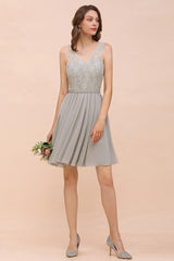 Beautiful Appliques Lace V-neck Wide Straps Short Chiffon A-Line Bridesmaid Dress