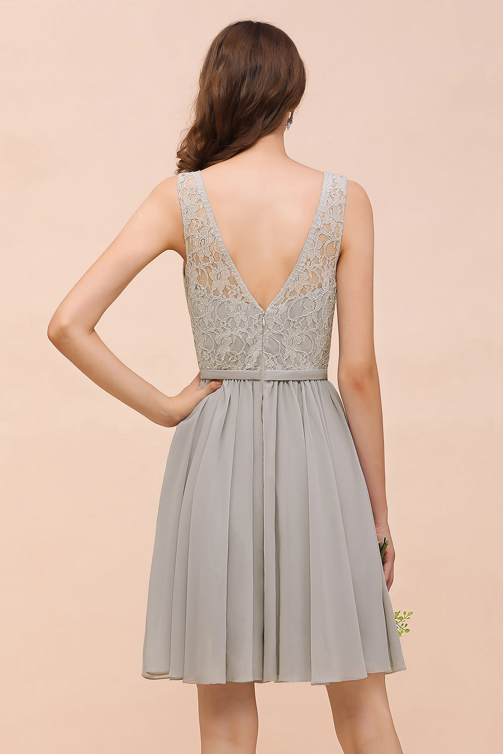 Beautiful Appliques Lace V-neck Wide Straps Short Chiffon A-Line Bridesmaid Dress