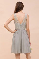 Beautiful Appliques Lace V-neck Wide Straps Short Chiffon A-Line Bridesmaid Dress