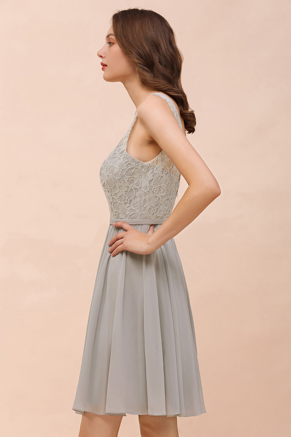 Beautiful Appliques Lace V-neck Wide Straps Short Chiffon A-Line Bridesmaid Dress