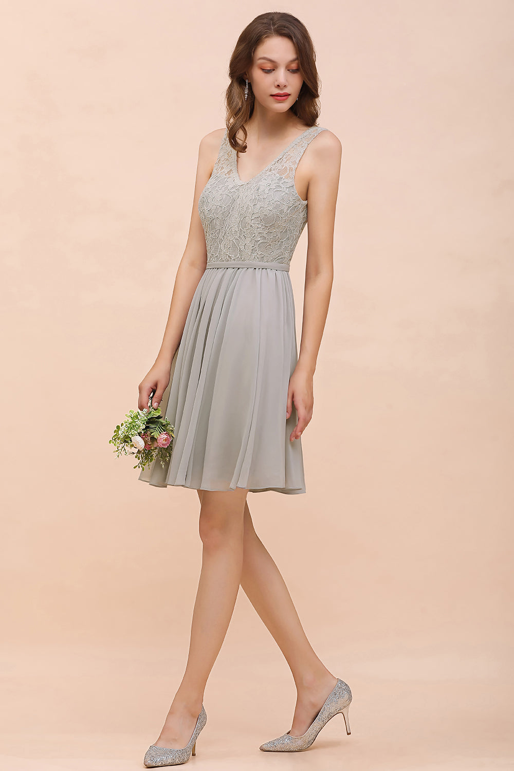 Beautiful Appliques Lace V-neck Wide Straps Short Chiffon A-Line Bridesmaid Dress