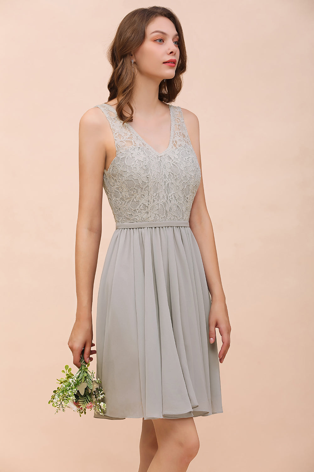 Beautiful Appliques Lace V-neck Wide Straps Short Chiffon A-Line Bridesmaid Dress