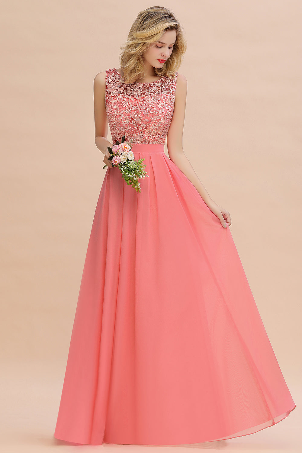 Beautiful Bateau A-line Floor Length Appliques Lace Chiffon Bridesmaid Dress