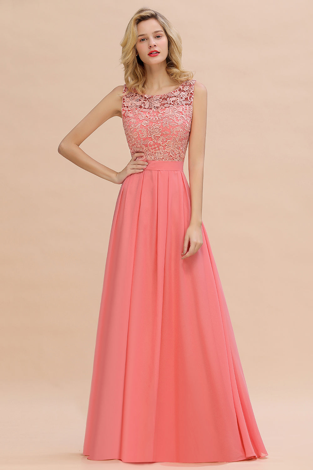 Beautiful Bateau A-line Floor Length Appliques Lace Chiffon Bridesmaid Dress