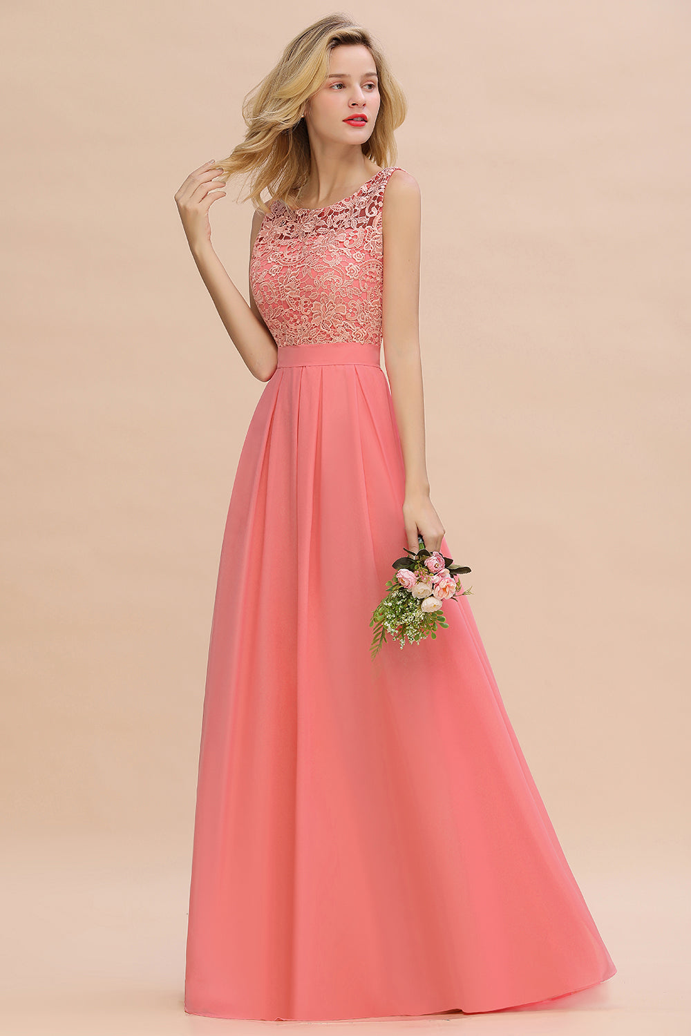 Beautiful Bateau A-line Floor Length Appliques Lace Chiffon Bridesmaid Dress