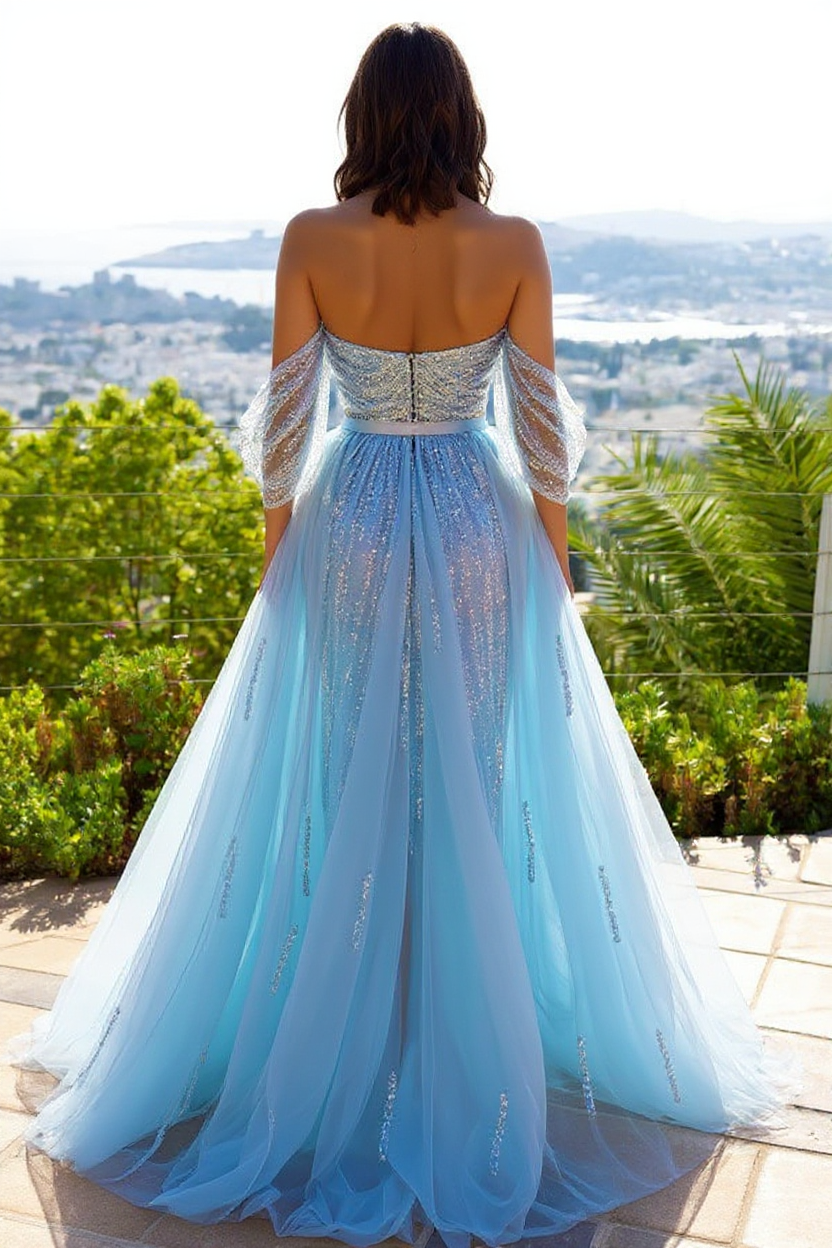 Beautiful Long Mermaid Off the Shoulder Tulle Glitter Front Slit Prom Dress