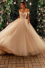 Beautiful Long Tulle Off the Shoulder A-line Wedding Dress with Chapel Train