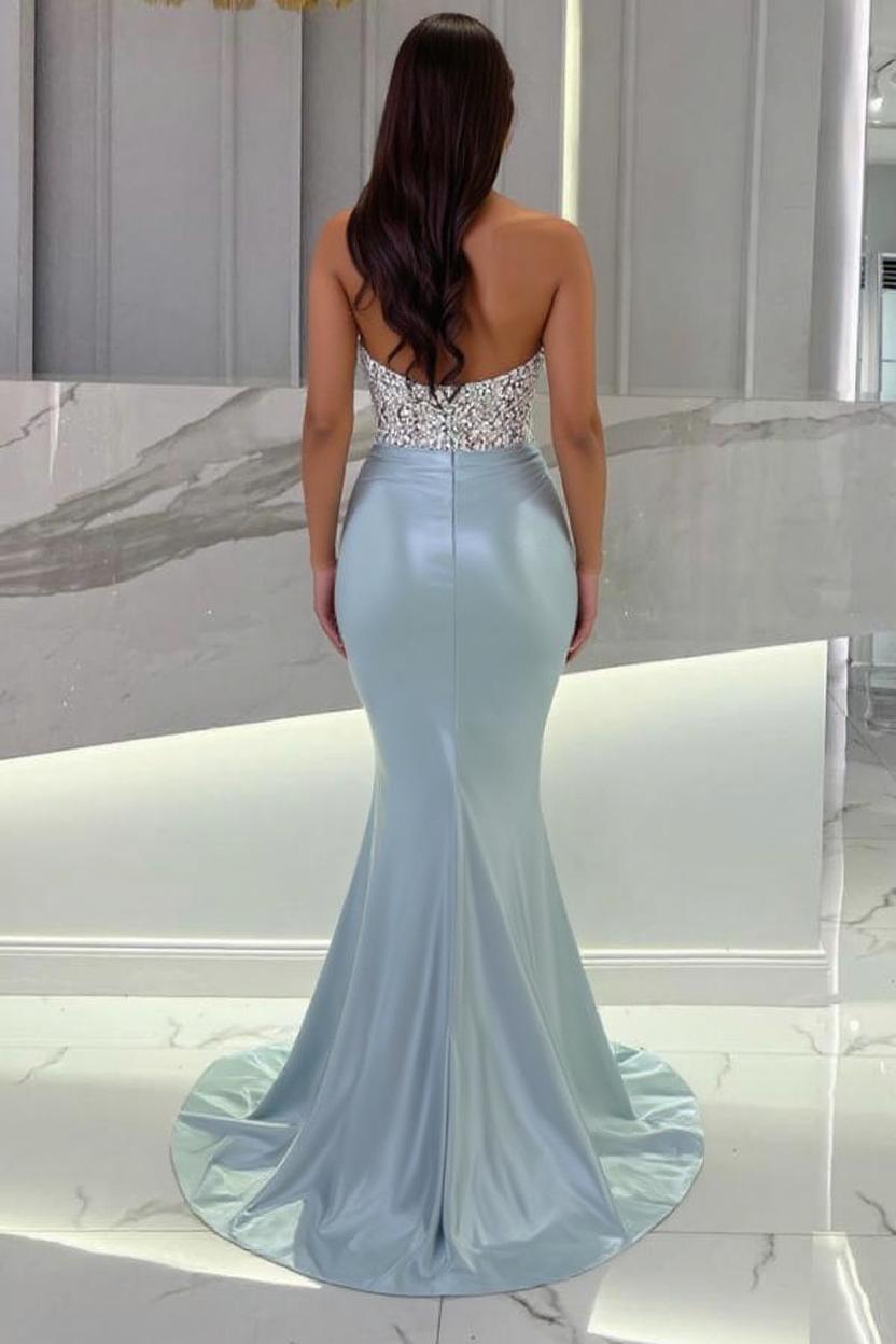 Beautiful Long Mermaid Sweetheart Strapless Satin Beading Prom Dress
