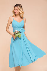 Beautiful Sky Blue A-line Tea-length Chiffon Bridesmaid Dress With Spaghetti Straps