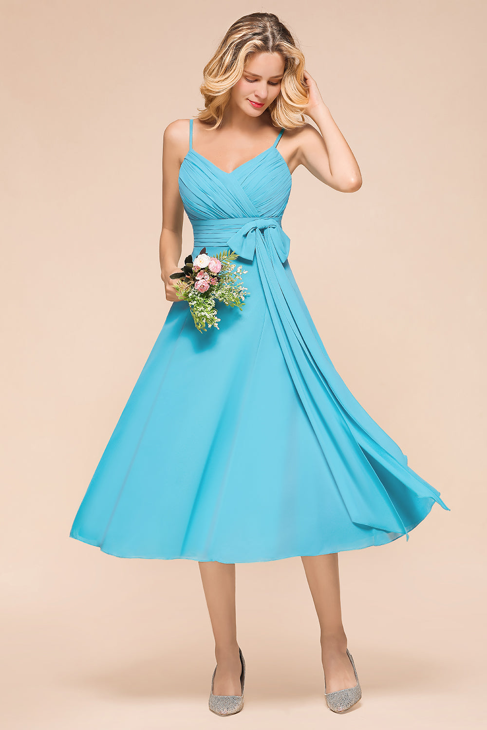 Beautiful Sky Blue A-line Tea-length Chiffon Bridesmaid Dress With Spaghetti Straps