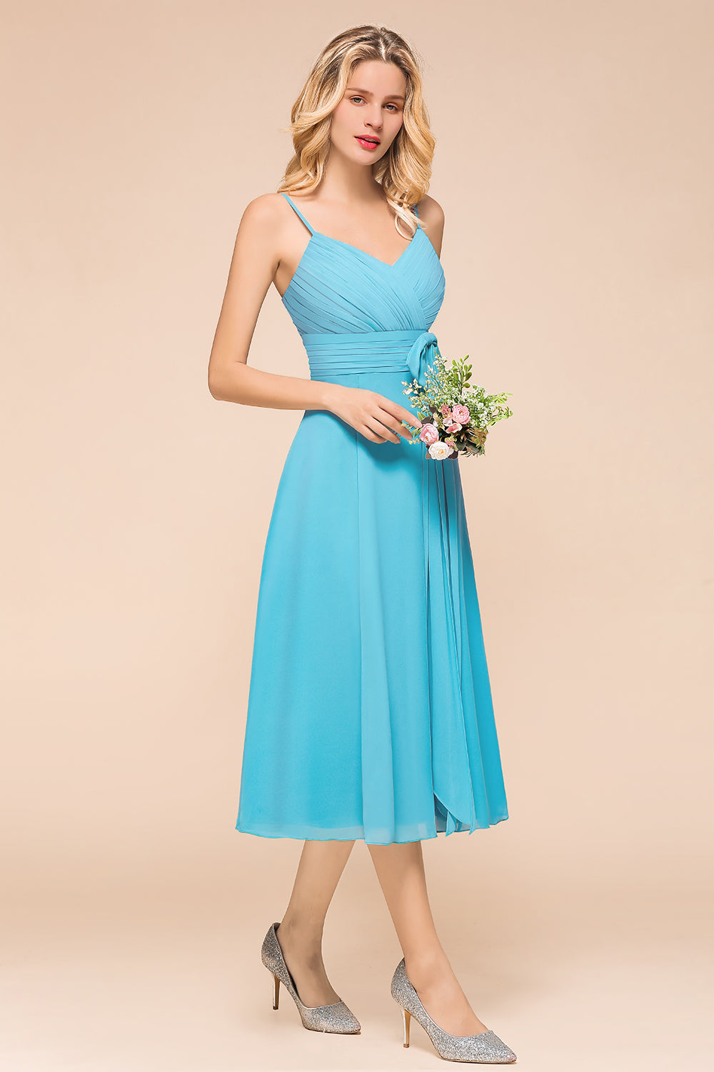 Beautiful Sky Blue A-line Tea-length Chiffon Bridesmaid Dress With Spaghetti Straps