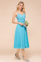Beautiful Sky Blue A-line Tea-length Chiffon Bridesmaid Dress With Spaghetti Straps
