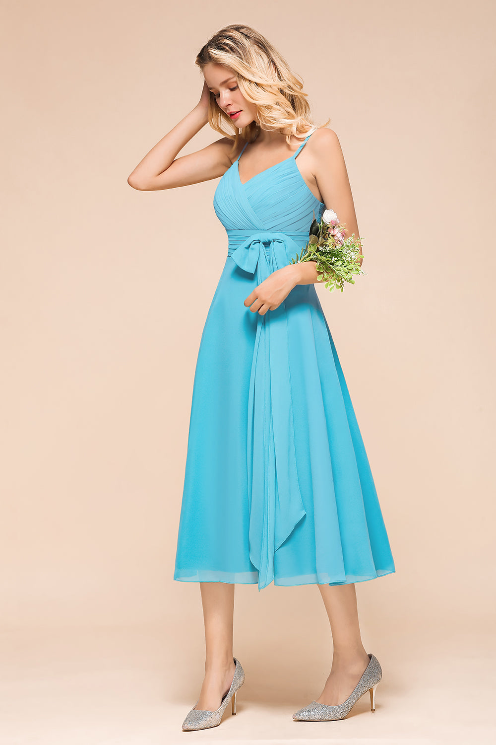 Beautiful Sky Blue A-line Tea-length Chiffon Bridesmaid Dress With Spaghetti Straps