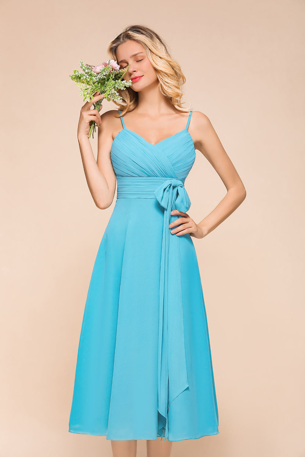 Beautiful Sky Blue A-line Tea-length Chiffon Bridesmaid Dress With Spaghetti Straps