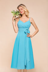 Beautiful Sky Blue A-line Tea-length Chiffon Bridesmaid Dress With Spaghetti Straps