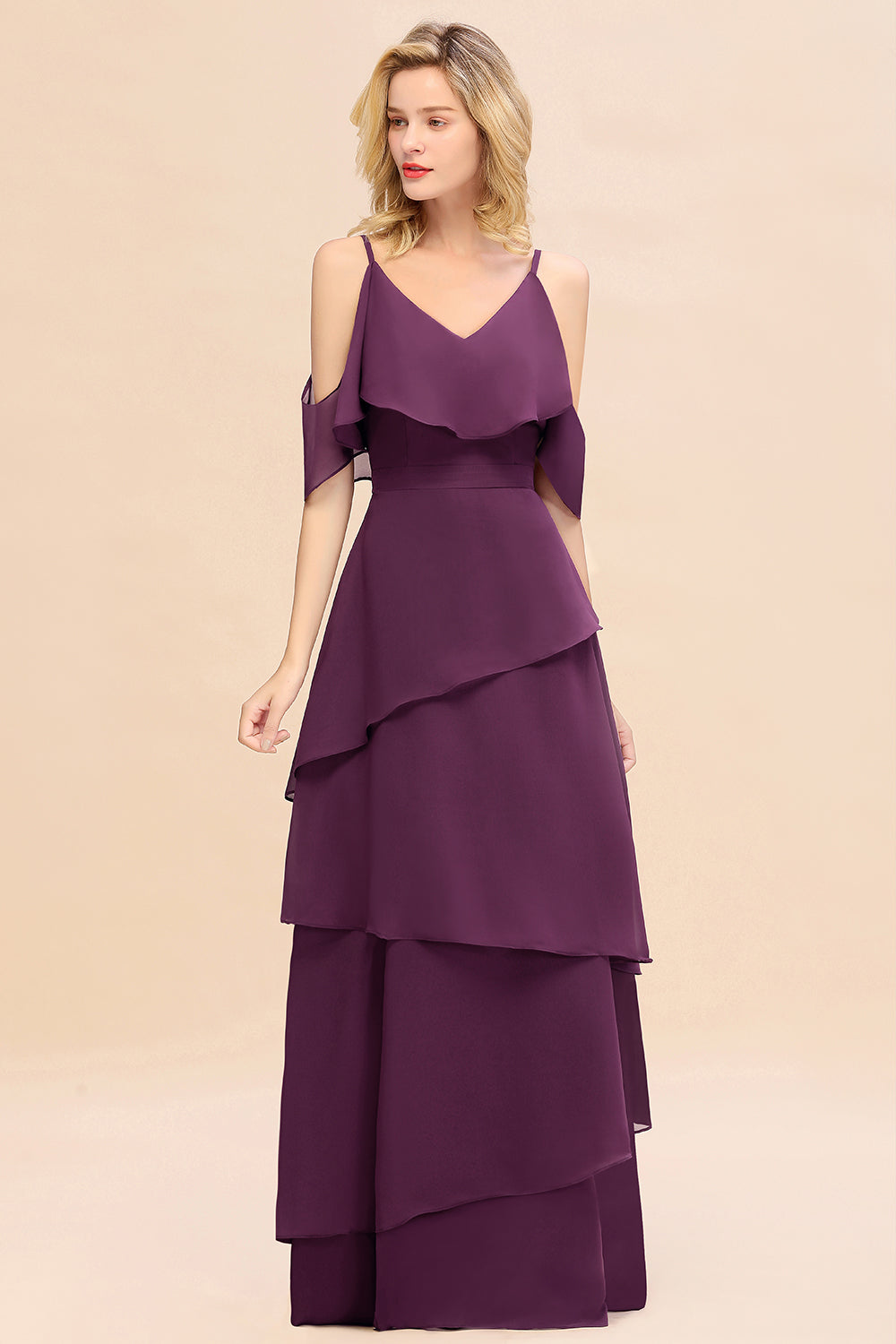 Beautiful Spaghetti Straps V-neck Cascading Ruffles A-line Floor Length Bridesmaid Dress