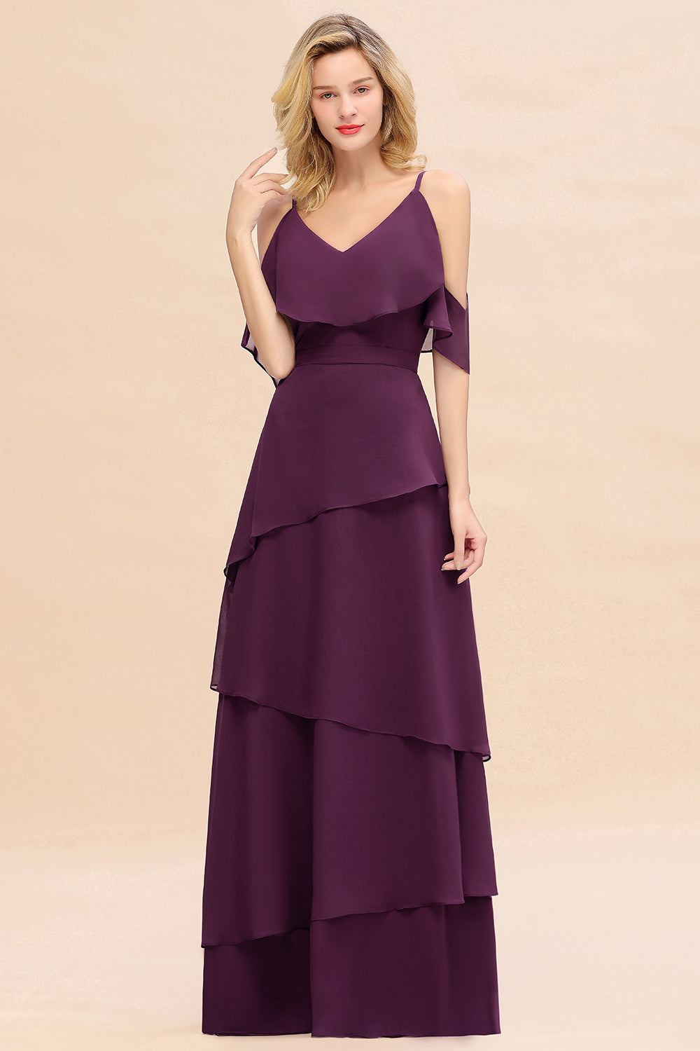 Beautiful Spaghetti Straps V-neck Cascading Ruffles A-line Floor Length Bridesmaid Dress
