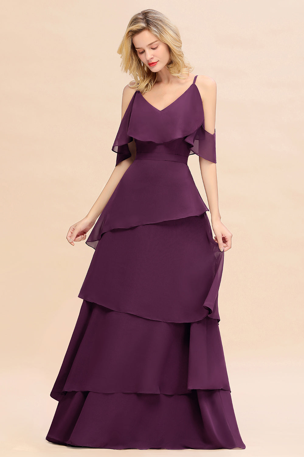 Beautiful Spaghetti Straps V-neck Cascading Ruffles A-line Floor Length Bridesmaid Dress