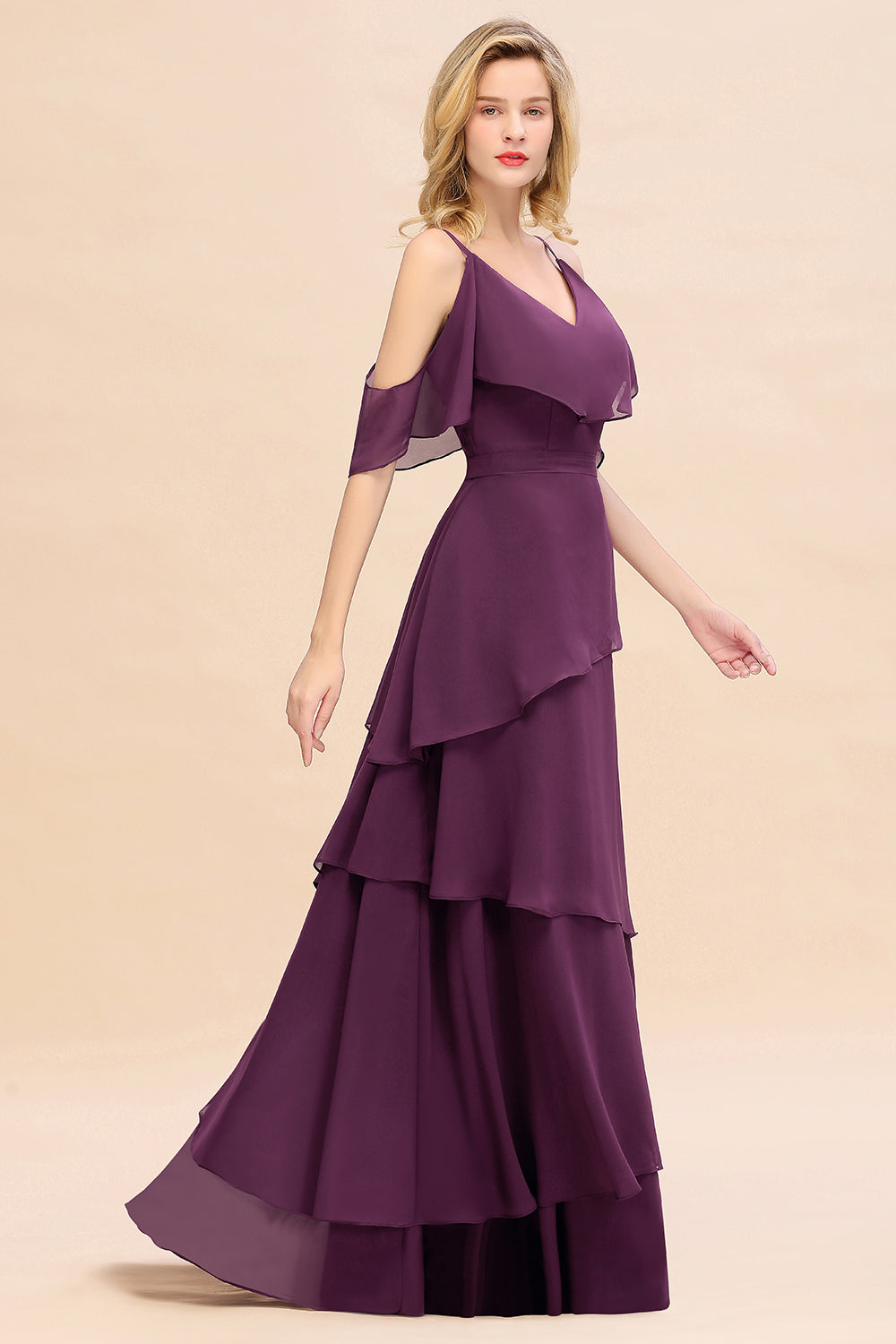 Beautiful Spaghetti Straps V-neck Cascading Ruffles A-line Floor Length Bridesmaid Dress