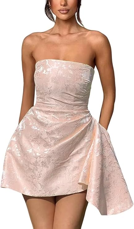 A-line Strapless Jacquard Satin Asymmetrical Lace up Sleeveless Short Homecoming Dress