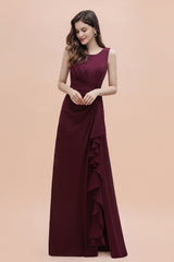Long A-Line Backless Ruched Chiffon Burgundy Wedding Guest Dresses With Split